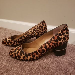 Leopard calf hair block heel shoes